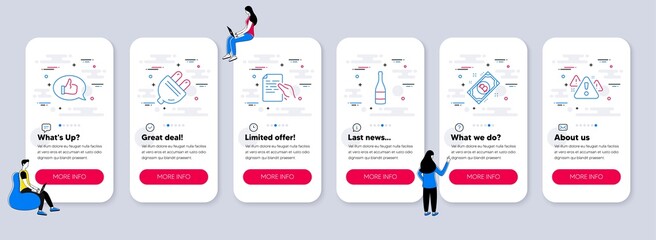 Set of Business icons, such as Hold document, Electric plug, Feedback icons. UI phone app screens with teamwork. Champagne bottle, Bitcoin, Warning line symbols. Vector