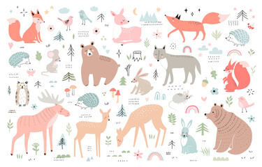 Woodland animals: fox, bear, rabbit, squirrel, wolf, hedgehog, owl, deer, moose, mouse, birds. Vector collection of forest elements. - 474570491