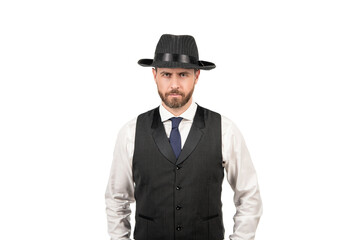 retro businessman in business casual style and hat isolated on white background, elegance