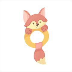A bright toy for a newborn baby. Rattle in the shape of a cute fox. Vector illustration isolated on white background.