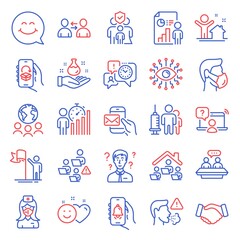 Fototapeta premium People icons set. Included icon as Global business, Chemistry lab, Artificial intelligence signs. Smile face, Bell alert, Business report symbols. Delivery app, Online question, Smile. Vector