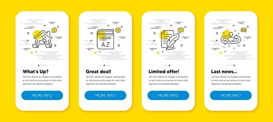 Vector set of Feather signature, Vocabulary and Work home line icons set. UI phone app screens with line icons. Recruitment icon. Feedback, Book, Team employees. Manager change. Vector