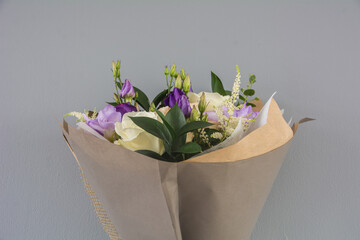 Flower bouquet, wedding flowers, valentine's flowers, bouquet of roses, irises and decorative leaves