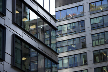Windows in the modern office buildings.  