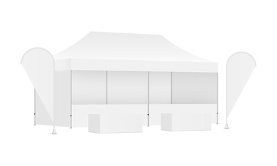 Rectangular Canopy Tent With Flags, Demonstration Tables. Equipment for Exhibition Stands During the Outdoor Events. Vector Illustration © Nika