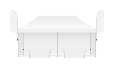Rectangular Tent With Flags and Demonstration Tables, Front View. Vector Illustration