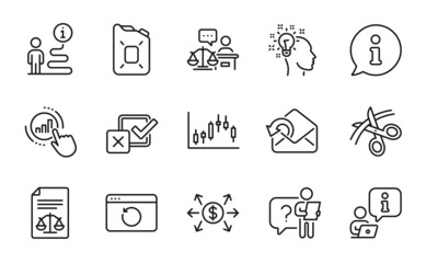 Education icons set. Included icon as Candlestick graph, Send mail, Search employee signs. Idea, Dollar exchange, Recovery internet symbols. Checkbox, Legal documents, Canister oil. Vector