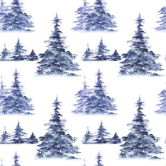 Seamless pattern with blue snowy forest pine trees. Watercolor illustration on white background.