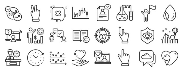 Set of Business icons, such as Consulting business, Dot plot, Roller coaster icons. Touchscreen gesture, Click hand, Employees wealth signs. Leaf dew, Friends chat, Statistics. Reject. Vector