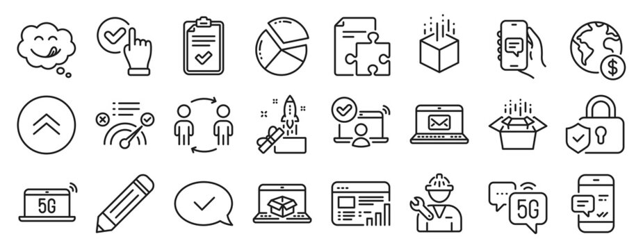 Set of Technology icons, such as Packing boxes, Smartphone notification, Swipe up icons. Checklist, Yummy smile, Pencil signs. Approved message, 5g notebook, Pie chart. Strategy, Repairman. Vector