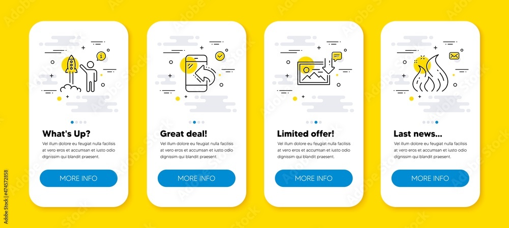 Poster vector set of incoming call, download photo and launch project line icons set. ui phone app screens 