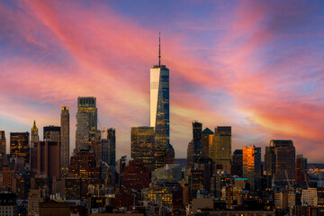 sunrise city skyline view of Lower Manhattan and the Freedom tower