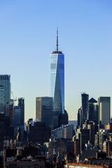 early morning city skyline of Lower Manhattan and the Freedom tower