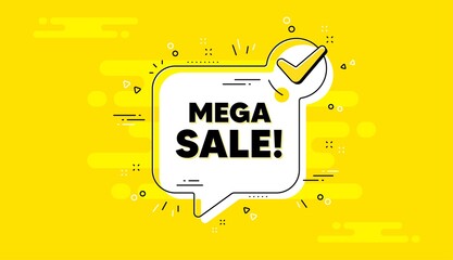 Mega Sale text. Check mark yellow chat banner. Special offer price sign. Advertising Discounts symbol. Mega sale approved chat message. Checklist background. Vector