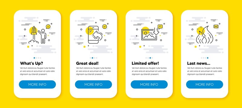 Vector set of Incoming call, Download photo and Launch project line icons set. UI phone app screens with line icons. Fire energy icon. Phone support, Image placeholder, Business innovation. Vector
