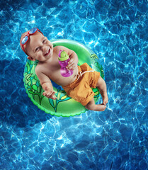 Baby in a swimming pool. Vacation background.