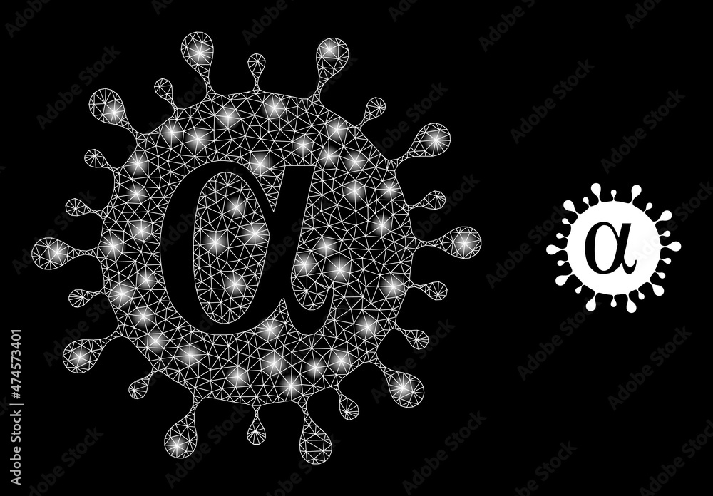 Poster alpha covid virus icon and glowing mesh alpha covid virus model with flare light spots. illuminated 