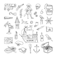 Collection of pirate equipment in sketch style. Hand drawings in art ink style. Black and white graphics.