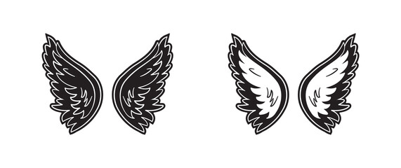 Cartoon angel wings vector icon, black silhouettes drawing isolated on white background. Retro simple illustration