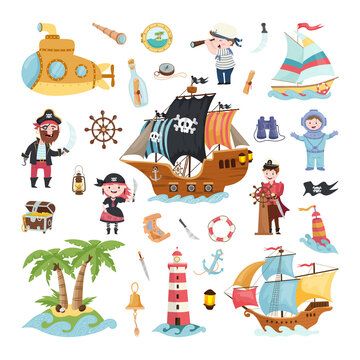 A collection of cute illustrations related to sea adventures. Characters-sailors and objects for sailing in flat style.
