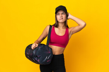Teenager sport girl with sport bag having doubts