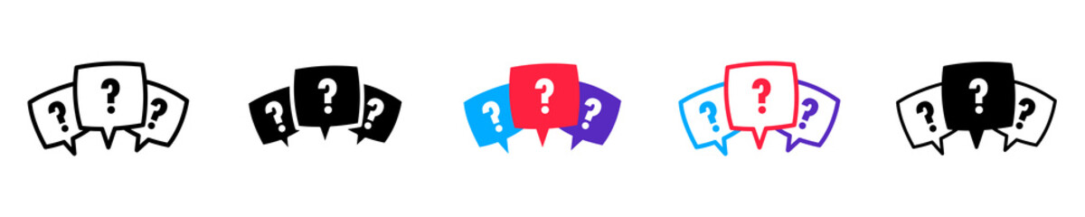 Conjunto de burbujas de diálogo de expresión. Globo o pensamientos. Signo de interrogación. Concepto de pregunta, duda o inquietud. Ilustración vectorial