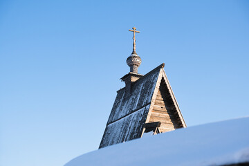 Wooden church in Plyos in the snow. Russia. Winter