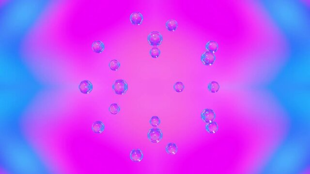 Abstract glass sphere merging and multiplying suspended within a flowing spectrum vaporwave gradient, trendy colorful seamless 4K video loop in pastel colour