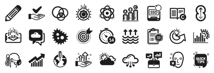 Set of Science icons, such as Coronavirus statistics, Atom, Pencil icons. Pandemic vaccine, Euler diagram, Sick man signs. Dermatologically tested, Business portfolio, Target purpose. Gear. Vector