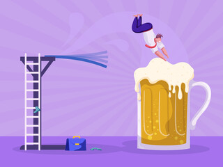 Happy cartoon office worker diving into huge glass of beer after a hard week. Vector illustration of businessman drinking, parting, relaxing at the bar on Friday. Drunk clerk hangout with beverage