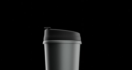 Realistic 3D illustration, Silver and Black Empty Glossy Metal Reusable Water Bottle Closeup Isolated on Black Background. Thumbler design with copy space