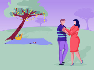 Happy cute couple dancing in the park in the evening and having dinner. Romantic family picnic with garland, basket, wine, baguette under the tree. Cartoon vector illustration.