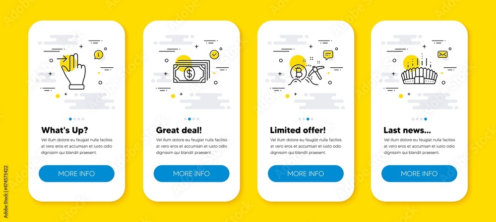 Poster vector set of touchscreen gesture, payment and bitcoin mining line icons set. ui phone app screens w