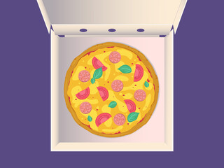 Pizza in open delivery box. Tasty margarita, pepperoni with cheese, meat, salami, tomato, sauce, basil, spicy spices, and thick dough in carton. Cartoon vector illustration. Top view.