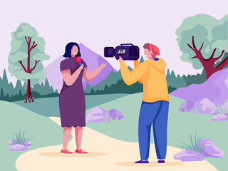 Cute female reporter and funny cameraman broadcasting live news from outdoor. Smiling journalist streaming weather forecast from wild nature with crew. Cartoon vector illustration.