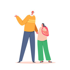 Happy Family Characters Fashioned Father with Schoolgirl Isolated on White Background. Dad and Daughter Communicate