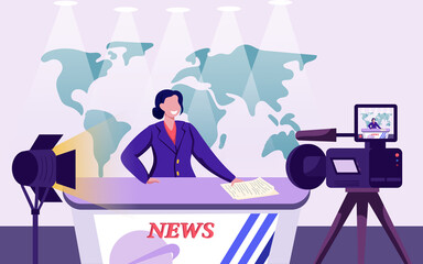 Anchorwoman in tv studio broadcasting breaking news. Female journalist working on stage with the desk, camera, light, newscaster for big audience. News anchor. Live news. Cartoon vector illustration