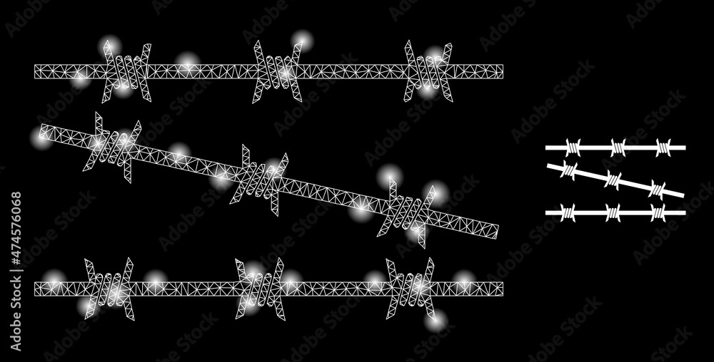 Poster barbed wire fence icon and glowing mesh barbed wire fence model with bright spots. illuminated model