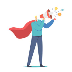 Spreading Knowledge, Ideas, Referral Program, Blogging or Social Media Networking. Man Wear Red Cape Yell to Megaphone