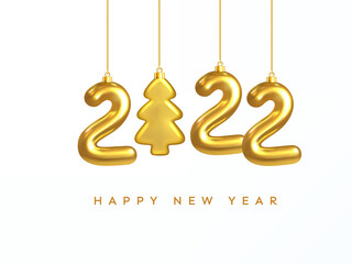 2022 New Year card. Design of Christmas decorations hanging on a gold chain gold number 2022 and Christmas Tree. Lettering Happy new year