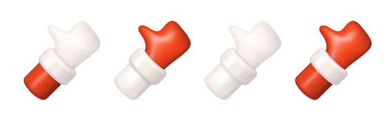 Obraz premium Thumb up gesture. Right and Left Hands of Santa Claus with red sleeves, white cuff and red mitten. The hand shows a gesture like. Realistic 3d design in cartoon style