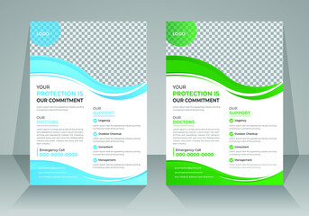 Corporate Medical Healthcare a4 size flyer template for advertising hospitals service,  clinic service, medical service, Healthcare service, blue and green curve style poster.
