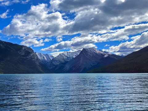 Lake Minnewanka Rocky Mountains and blue sky