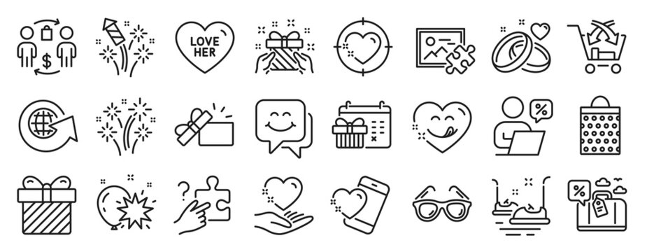 Set of Holidays icons, such as Christmas calendar, Surprise, Marriage rings icons. Cross sell, Love her, Travel loan signs. Balloon dart, Buying process, Smile face. Opened gift, Heart. Vector