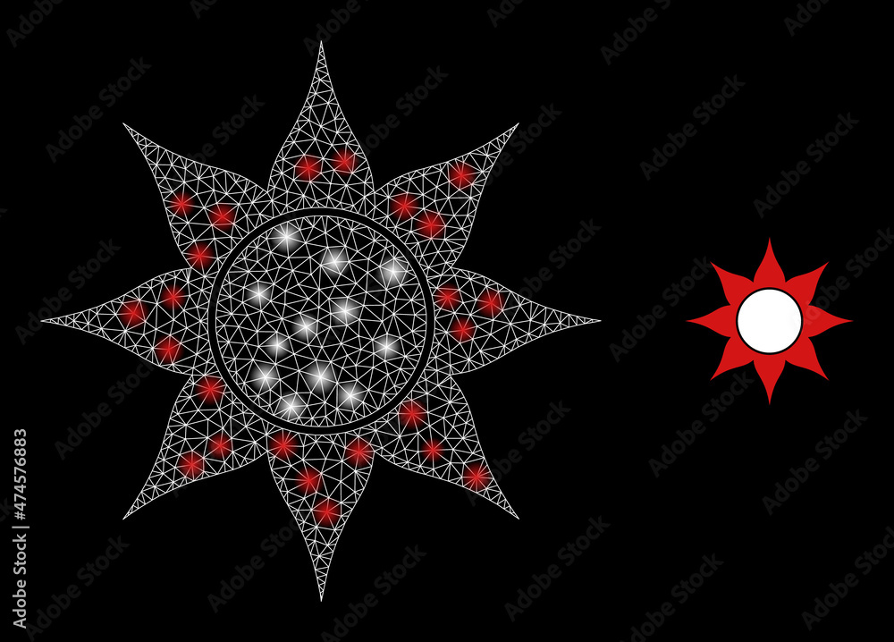 Poster black sun icon and bright net mesh black sun model with illuminated light spots. illuminated model g