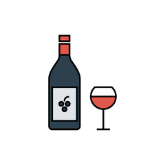 icono de botella de vino y copa. Ilustración vectorial, estilo colores