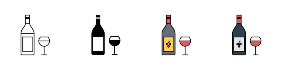 Conjunto de icono de botella de vino y copa. Ilustración vectorial