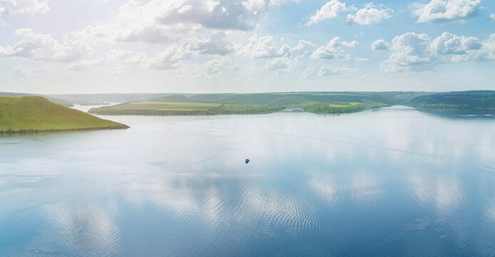Beautiful landscape. Bakota bay, Ukraine, scenic aerial view to Dniester. Blue water, sunny day. Beautiful nature