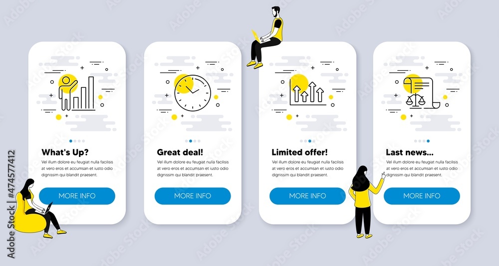 Poster vector set of education icons related to upper arrows, graph chart and time icons. ui phone app scre