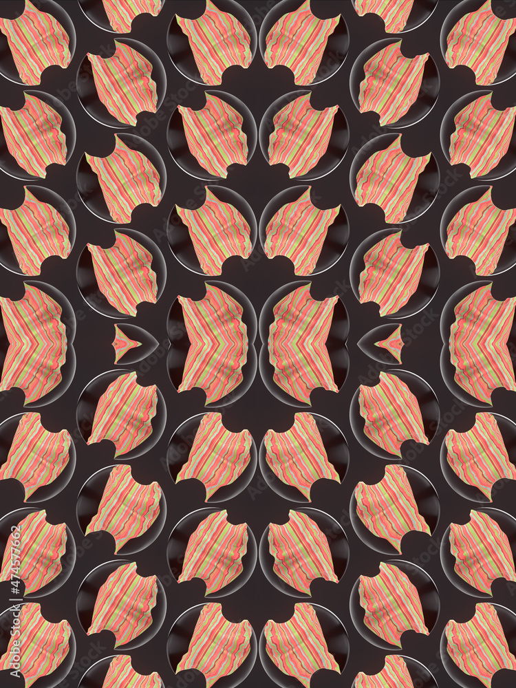 Poster abstract psychedelic composition of shiny black plastic and distorted striped burning pattern. 3d re